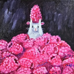 May include: An original painting of a white rabbit holding a pink flower on its head, surrounded by a pile of pink flowers. The background is dark, with hints of purple. The artwork is a whimsical and colorful depiction of nature.