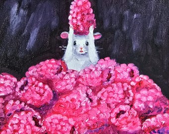 小さなネズミのオリジナル絵画、素敵なネズミの油絵、穴の中のネズミの