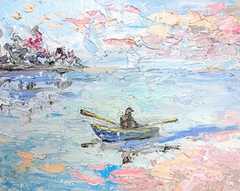 Fischerbootmalerei mini original Ölgemälde auf Karton 8x6 Inch ( 20x15 cm ) Naturlandschaft Pastellfarben blaugrau beige Spachtel Technik