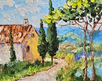 Tuscan House – Hand-Painted Original Oil Painting, 8 × 8 inches (20 × 20 cm), Italian Landscape with Cypress Trees, Made to Order