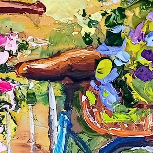 Fahrrad Malerei mini original Ölgemälde auf Karton 8x8 Inch 20x20 cm abstrakte Blumenfeld Schmetterlinge Romantikbilder Blautöne Bild 7