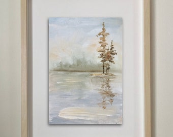 Landscape painting mini original oil painting on cardboard 4 x 6 inches ( 10 x 15 cm ) abstract trees at the lake impasto thick brush strokes pastel colors