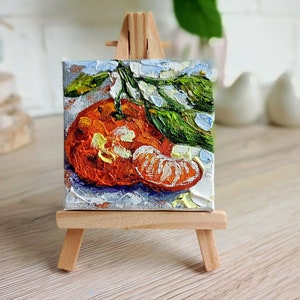 Fruit painting mini original oil painting on canvas with the small easel 3 x 3 inch 7 x 7 cm Impasto technique thick brush strokes colorful colors Orange
