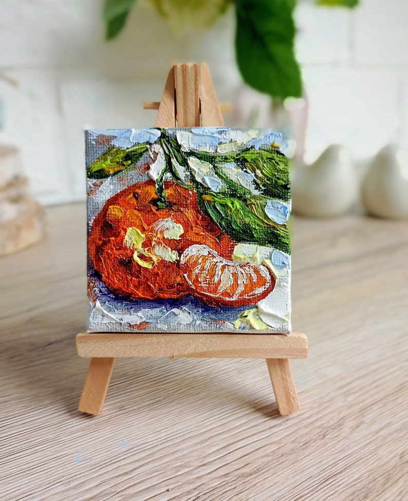 Fruit painting mini original oil painting on canvas with the small easel 3 x 3 inch 7 x 7 cm Impasto technique thick brush strokes colorful colors Orange