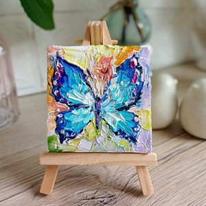 Butterfly painting mini original oil painting on canvas with the small easel 3 x 3 inch 7 x 7 cm abstract insect palette knife technique image 2