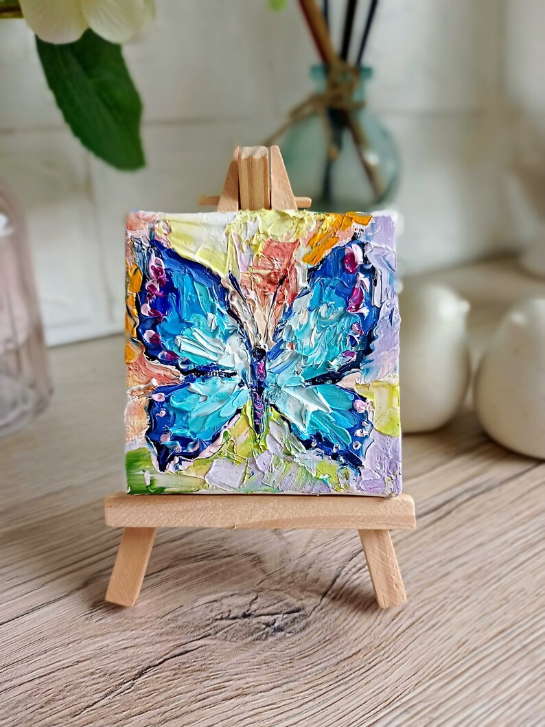 Butterfly painting mini original oil painting on canvas with the small easel 3 x 3 inch 7 x 7 cm abstract insect palette knife technique image 2