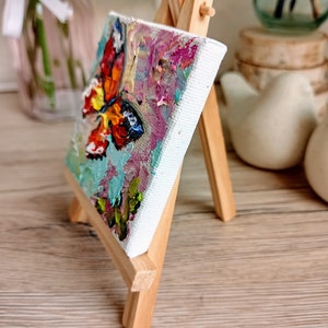 Butterfly painting mini original oil painting on canvas with the small easel 3 x 3 inch 7 x 7 cm abstract insect palette knife technique image 8