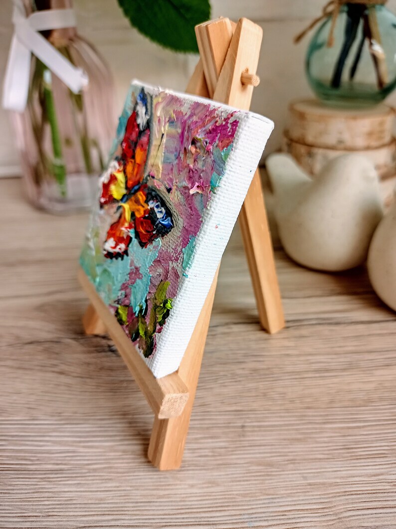 Butterfly painting mini original oil painting on canvas with the small easel 3 x 3 inch 7 x 7 cm abstract insect palette knife technique image 8