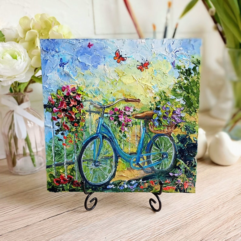 Fahrrad Malerei mini original Ölgemälde auf Karton 8x8 Inch 20x20 cm abstrakte Blumenfeld Schmetterlinge Romantikbilder Blautöne Bild 2