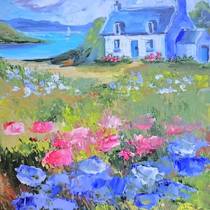 Irish Cottage Flower Meadow Original Oil Painting 6x8 Inch (15x20 cm) Ireland Painting Impasto Countryside Landscape Impressionist Artwork