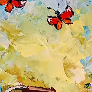 Fahrrad Malerei mini original Ölgemälde auf Karton 8x8 Inch 20x20 cm abstrakte Blumenfeld Schmetterlinge Romantikbilder Blautöne Bild 6
