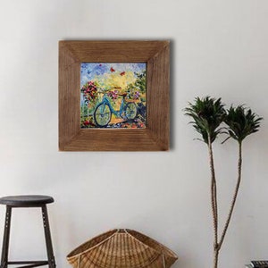 Fahrrad Malerei mini original Ölgemälde auf Karton 8x8 Inch 20x20 cm abstrakte Blumenfeld Schmetterlinge Romantikbilder Blautöne Bild 4