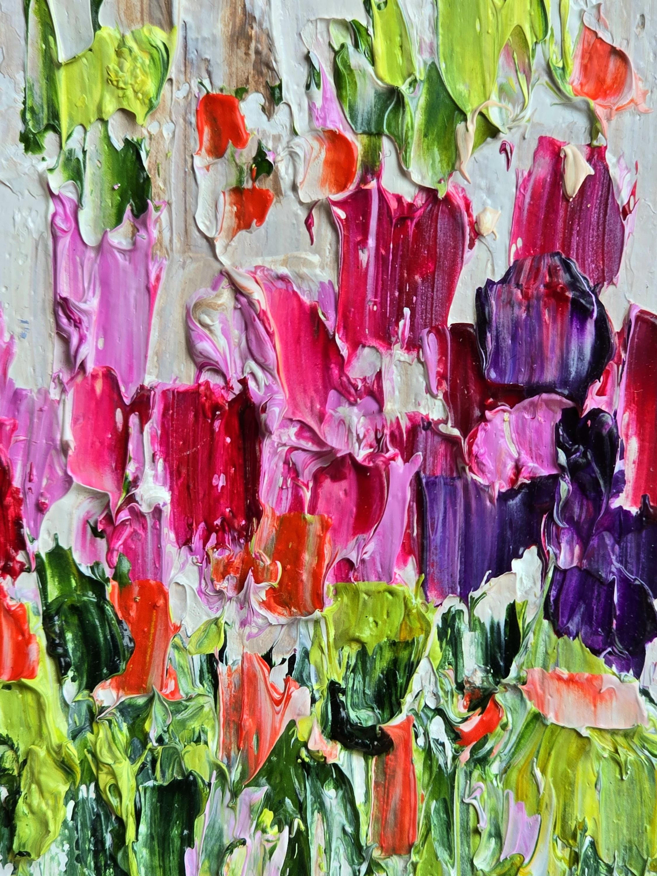 ピンクの花のオリジナル油絵キャンバス、小さなイーゼル付き 3 x 3