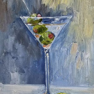 Dirty Martini Original Oil Painting On Cardboard 6x8 Inch (15x20 cm) Wall Art Olives Impasto Semi Abstract Fine Artwork Kitchen Still Life
