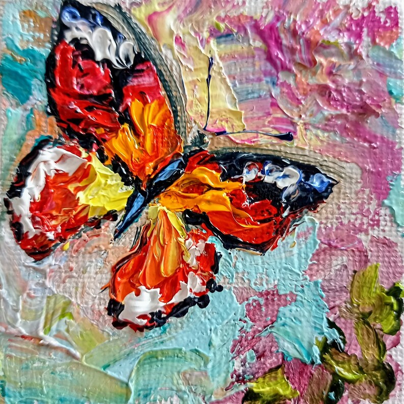 Butterfly painting mini original oil painting on canvas with the small easel 3 x 3 inch 7 x 7 cm abstract insect palette knife technique Orange