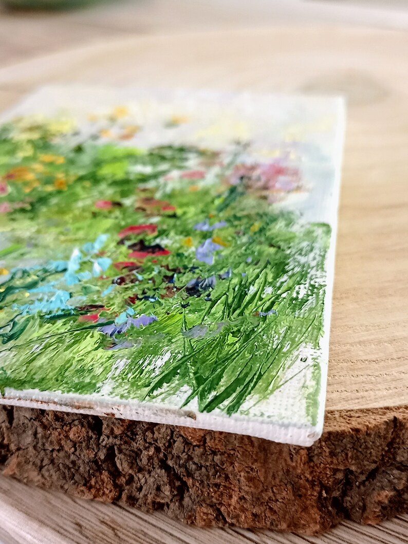 Flower painting mini original oil painting on cardboard 4 x 6 inch 10 x 15 cm abstract field flower landscape grasses thick brush strokes color green image 8