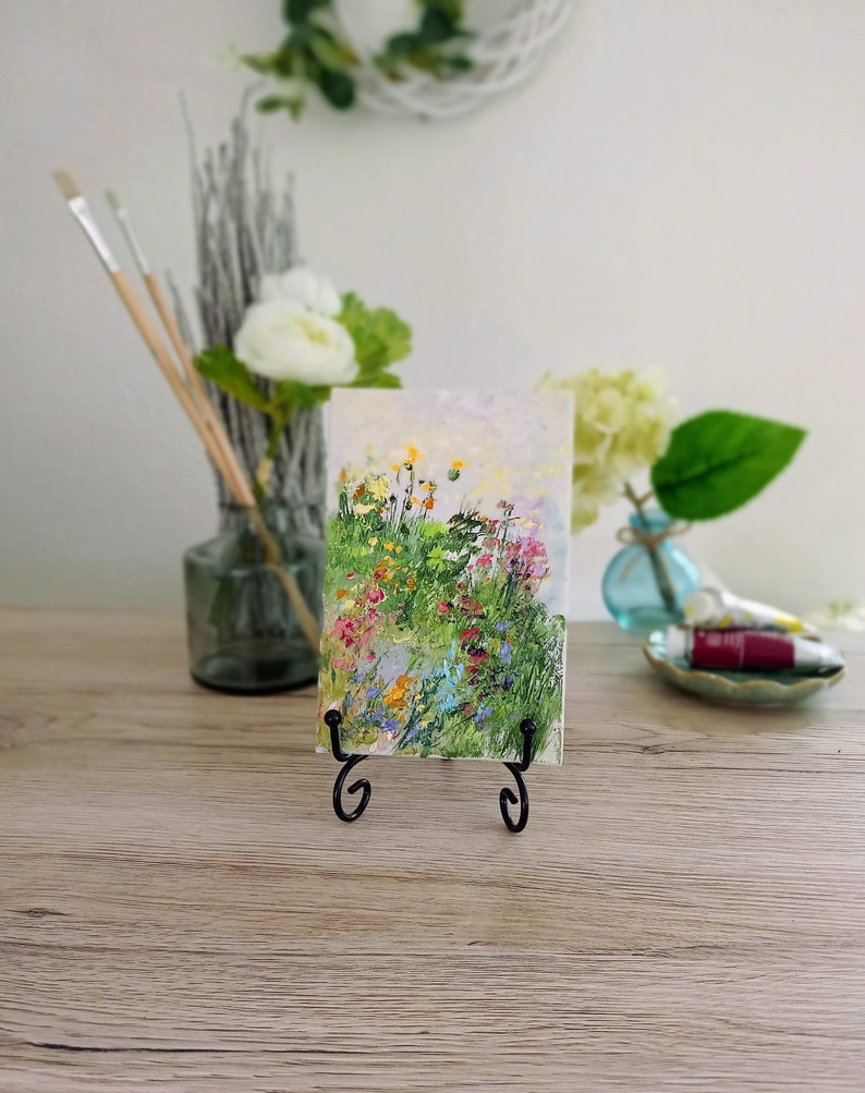 Flower painting mini original oil painting on cardboard 4 x 6 inch 10 x 15 cm abstract field flower landscape grasses thick brush strokes color green image 6