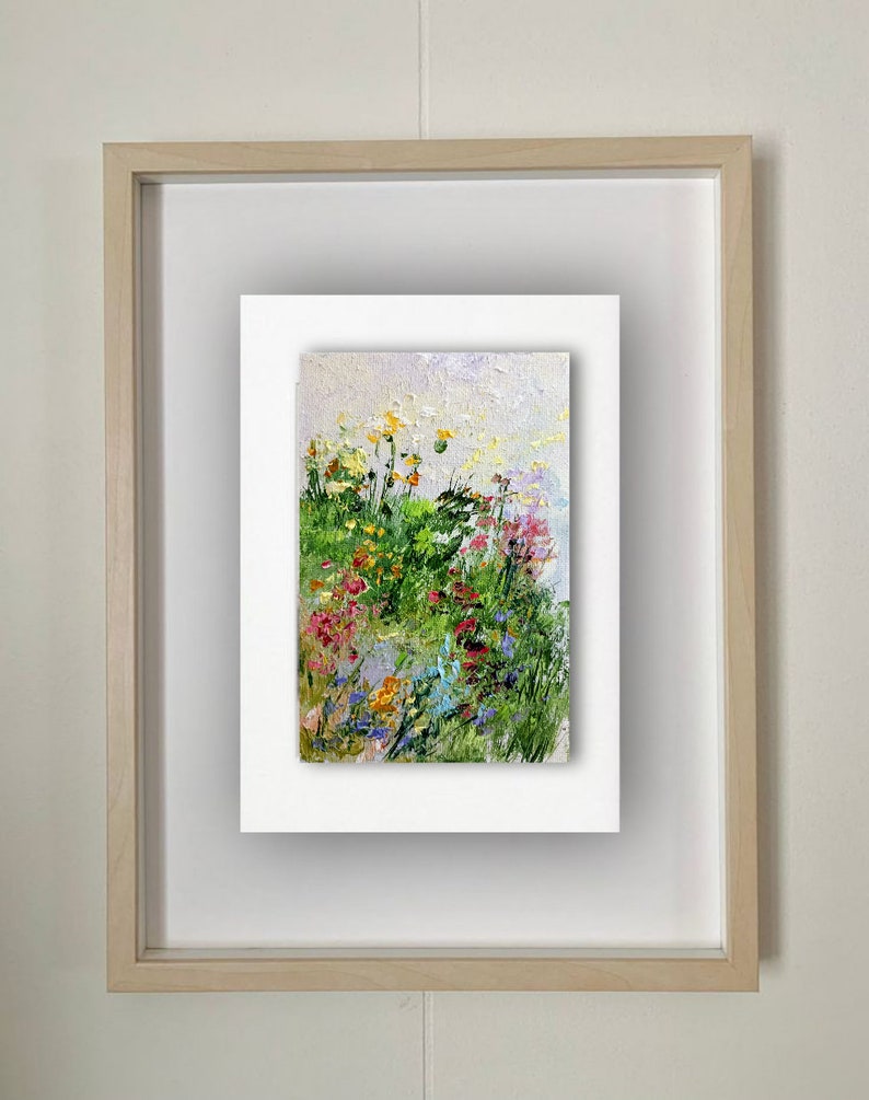 Flower painting mini original oil painting on cardboard 4 x 6 inch 10 x 15 cm abstract field flower landscape grasses thick brush strokes color green image 3