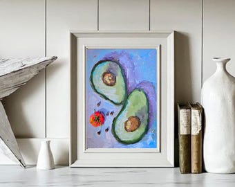 アボカド、厚紙に手描きの油絵、6 x 8インチ（15 x 20 cm）、トマトと