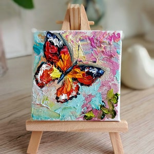 Butterfly painting mini original oil painting on canvas with the small easel 3 x 3 inch 7 x 7 cm abstract insect palette knife technique image 1