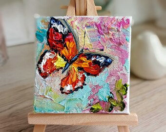 Butterfly painting mini original oil painting on canvas with the small easel 3 x 3 inch ( 7 x 7 cm ) abstract insect palette knife technique