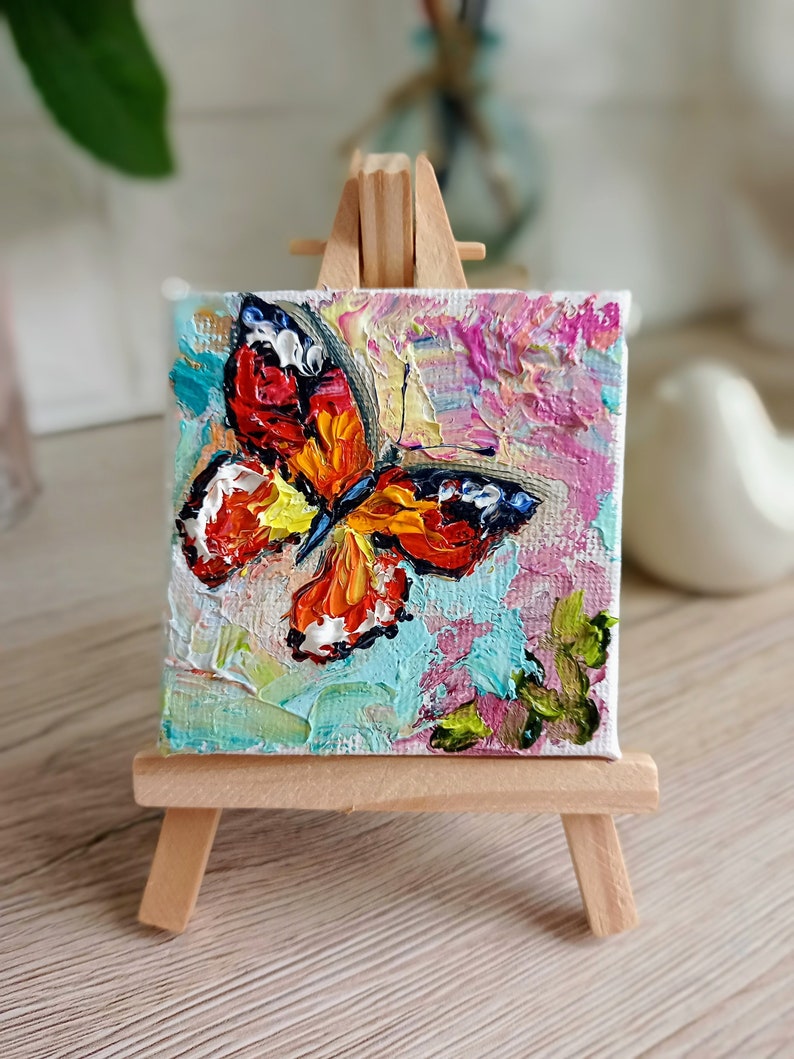 Butterfly painting mini original oil painting on canvas with the small easel 3 x 3 inch 7 x 7 cm abstract insect palette knife technique image 1