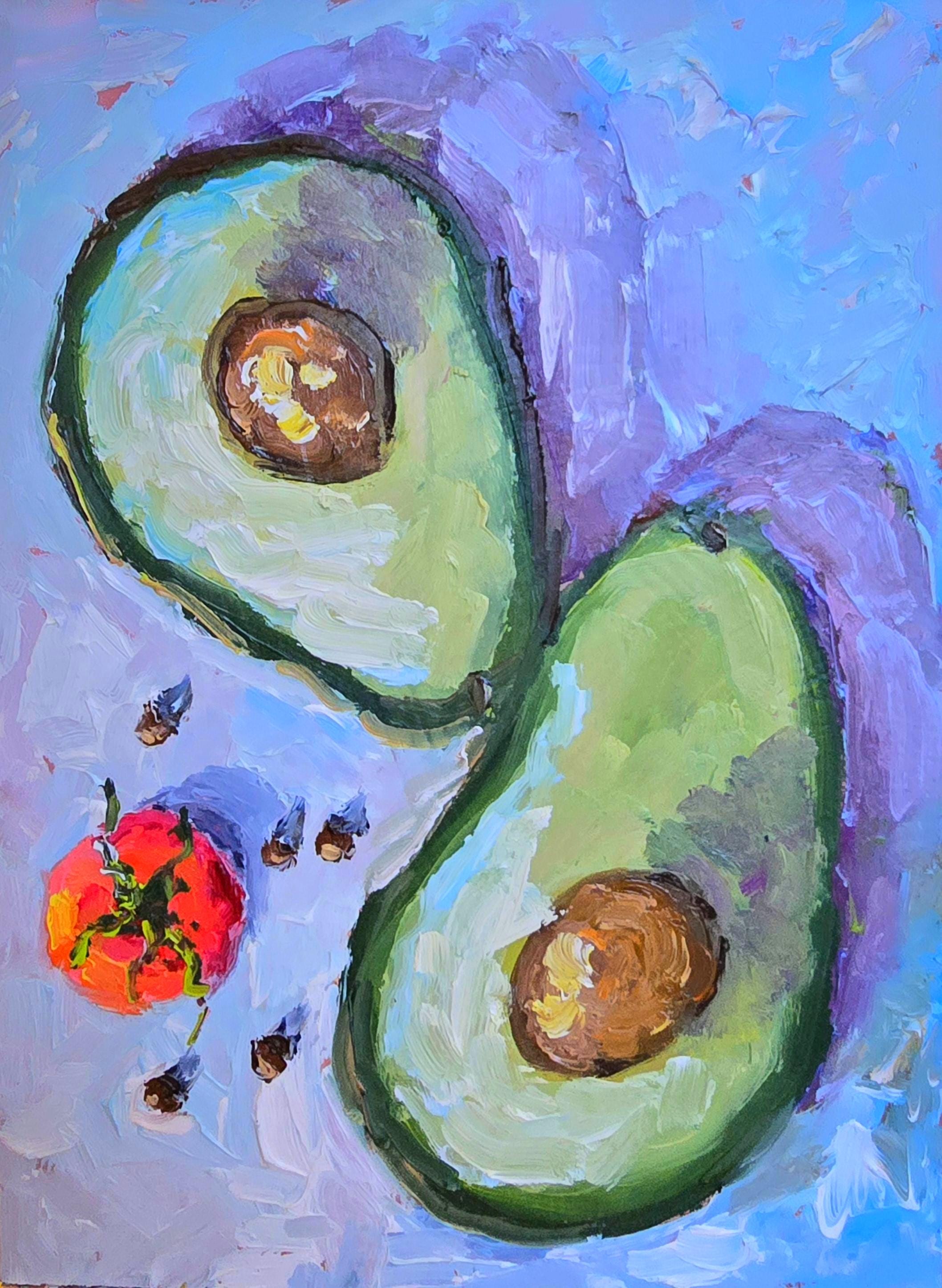 アボカド、厚紙に手描きの油絵、6 x 8インチ（15 x 20 cm）、トマトと