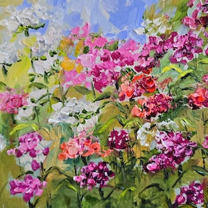 Carnations in the Garden Oil Painting Oil Artwork On Cardboard 8x6 Inch (20x15 cm) Abstract Flower Field Pastel Colors Impasto Technique
