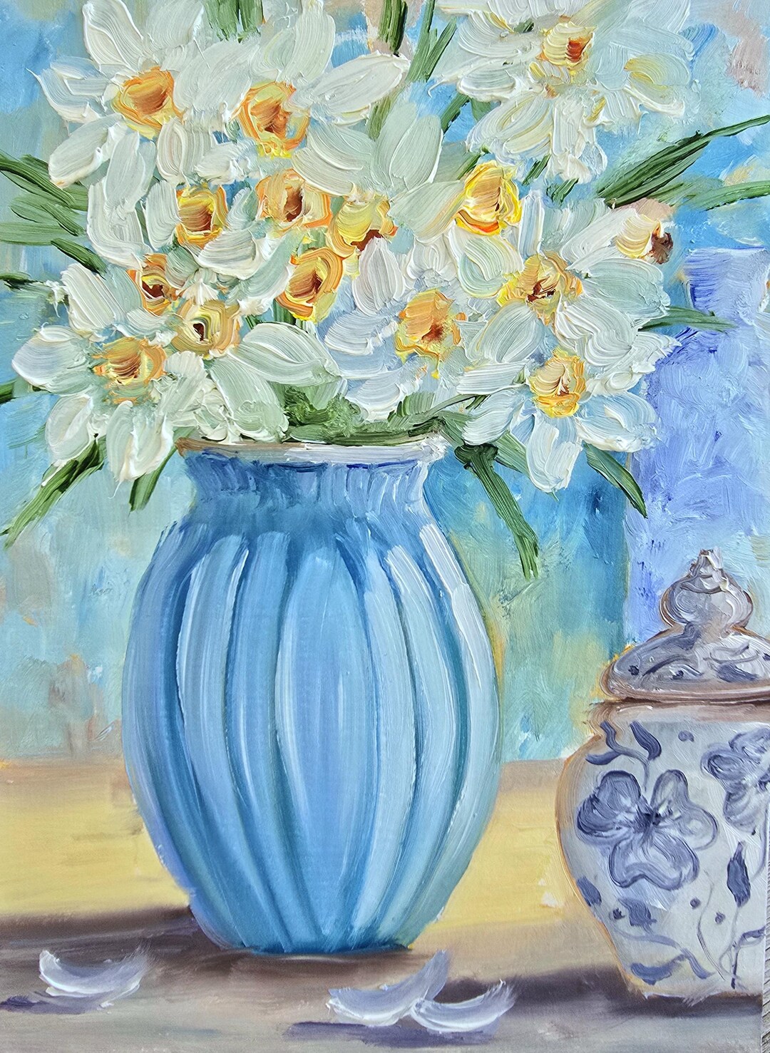 Daffodils in Vase – Hand-painted Original Oil Painting on Painting ...