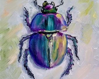 Beetle painting mini original oil painting on cardboard 6 x 6 inch ( 15 x 15 cm ) abstract insects thick brush strokes soothing pastel tones blue-green
