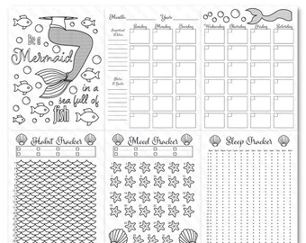Printable Mermaid Ocean Bujo Bullet Journal Spread 31 Days Any Month - BLACK & WHITE