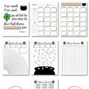May include: Printable planner pages with a St. Patrick's Day theme. The pages include a monthly calendar, habit tracker, mood tracker, sleep tracker, and water tracker. The pages are decorated with shamrocks, pots of gold, and rainbows.