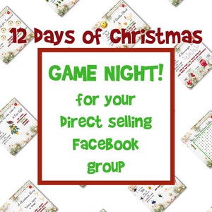May include: A collection of 12 printable Christmas game cards for a Facebook group game night. The cards feature a variety of games, including a scavenger hunt, a word game, a reality check, and a fortune teller. The cards are decorated with a festive Christmas theme.
