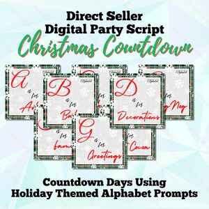 May include: A digital party script titled Direct Seller Digital Party Script Christmas Countdown. It features square cards with a green and red plaid border, white snowflake patterns, and red alphabet letters with text prompts for holiday themes.