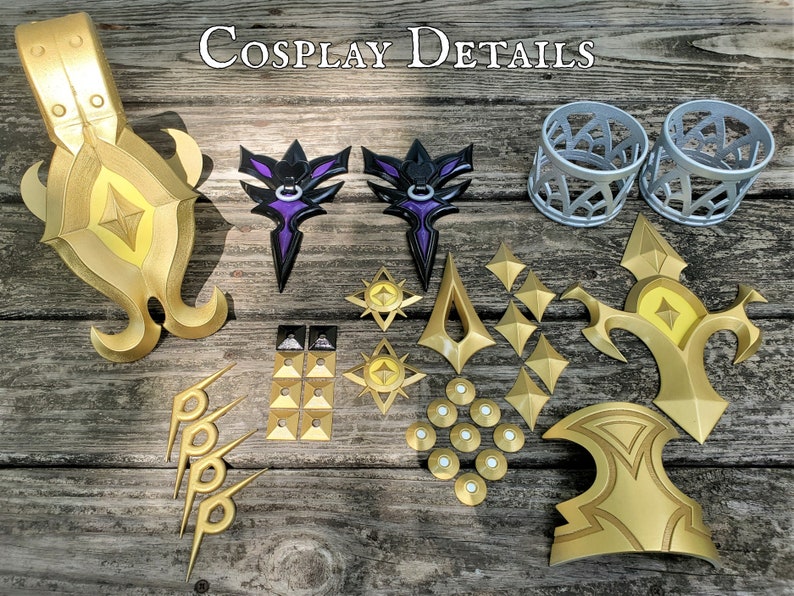 Several unique gold, silver, black, and purple cosplay details for a costume based on a video game character with the text "Cosplay Details" provide examples of custom cosplay pieces commissioned from the shop Nautolith Crafts.