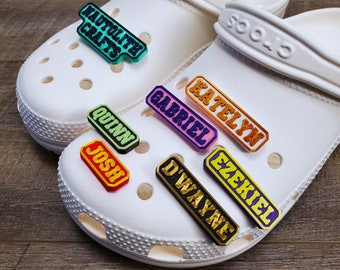 Custom Name Croc Charm - Personalized Text and Numbers Pin for Crocs - Bulk Discounts Available - Shoe Nametag Bling Flair Sport Style Font