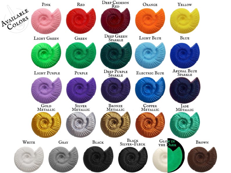 3D printed shells show examples of each of the 26 available colors: pink, red, orange, yellow, shades of green, shades of blue, shades of purple, glow in the dark, gold, silver, bronze, copper, jade, black, black silver-fleck, gray, white, and brown.