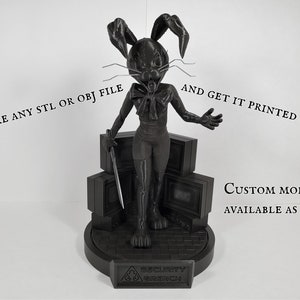 A statue of a video game character with a rabbit head on a stand with television screens behind. The text on the image reads "Send me any STL or OBJ file and get it printed fast! Custom modeling available as well!".