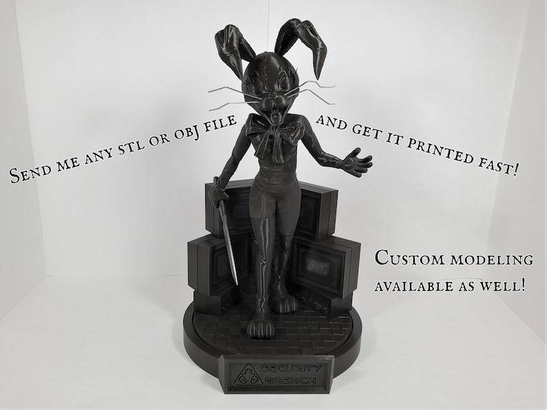 A statue of a video game character with a rabbit head on a stand with television screens behind. The text on the image reads "Send me any STL or OBJ file and get it printed fast! Custom modeling available as well!".