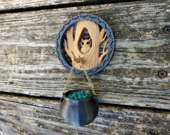 Witch's Cauldron and Owl Tree Magnet - Spooky Scary Halloween Refrigerator Magnet - Cute Autumn Gift - Fall Fridge Magnets
