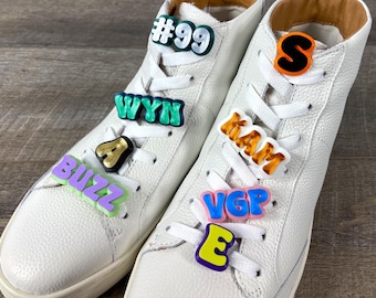 Custom Monogram Shoelace Charm - Personalized Text and Numbers Tag for Sneakers - Bubble Letter Font Shoe Nametag