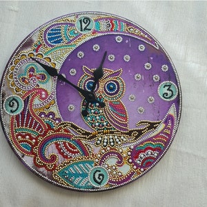 Clock, owl, diamond painting, wall clock, purple, pink, analog, modern