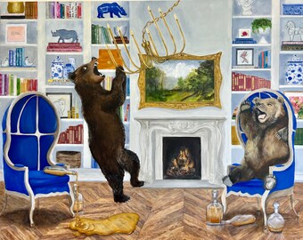 After Party, giclee print of a painting depicting two honey bears gone wild in a french interior featuring ballon chairs.