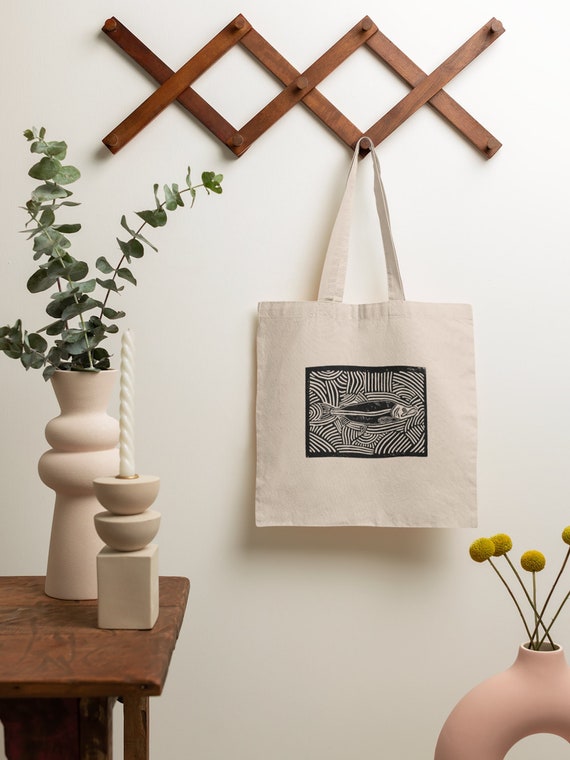 Salmon Block Print Canvas Tote Bag | Salmon Bag | Fishing Gifts 