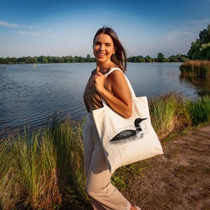 Common Loon Organic Cotton Screen Printed Canvas Tote Bag | Cottagecore Decor | Cute Cabin and Lake Home Accessories | Summer Beach Bag