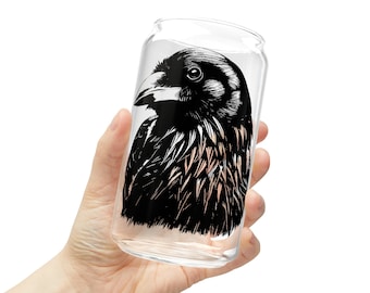 Raven Beer Can Printed 16oz Pint Glass for Nature Lovers, Goth Kitchens, and Birders | Dark Home Decor with a Vintage Crow Illustration