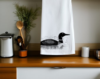 Common Loon Cotton Tea Towel | Bird Illustration Kitchen Towel | Lake Home Decor | Cabin Kitchen Decor | Gift for Birders | Loon Gifts
