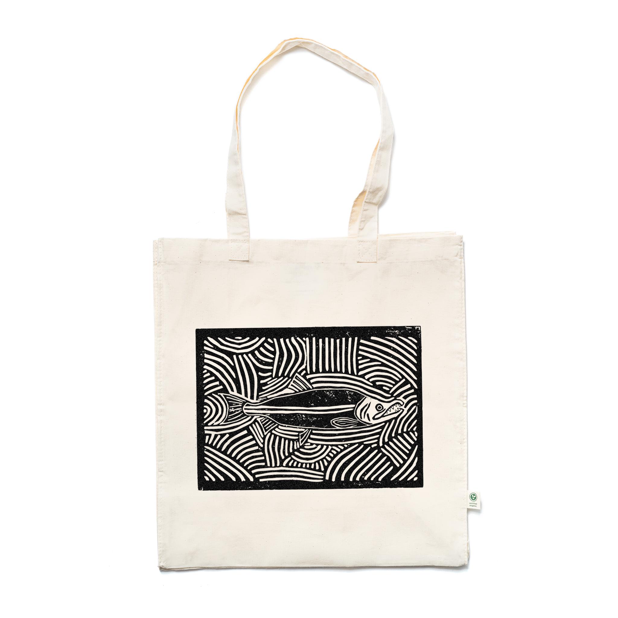 Salmon Block Print Canvas Tote Bag | Salmon Bag | Fishing Gifts 