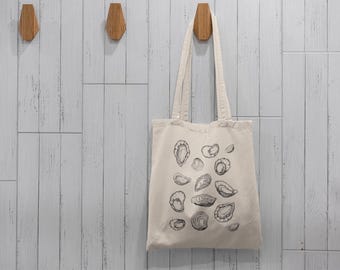 Handprinted Oyster Tote Bag Print on 100% Organic Cotton Screenprinted with Ecofriendly Ink for Coastal Cabin Decor and Ocean Lovers