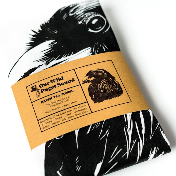 Handmade Raven Tea Towel Screen Printed with Ecofriendly Ink on Organic Cotton for Bird + Nature Lovers and Halloween Kitchen Decor